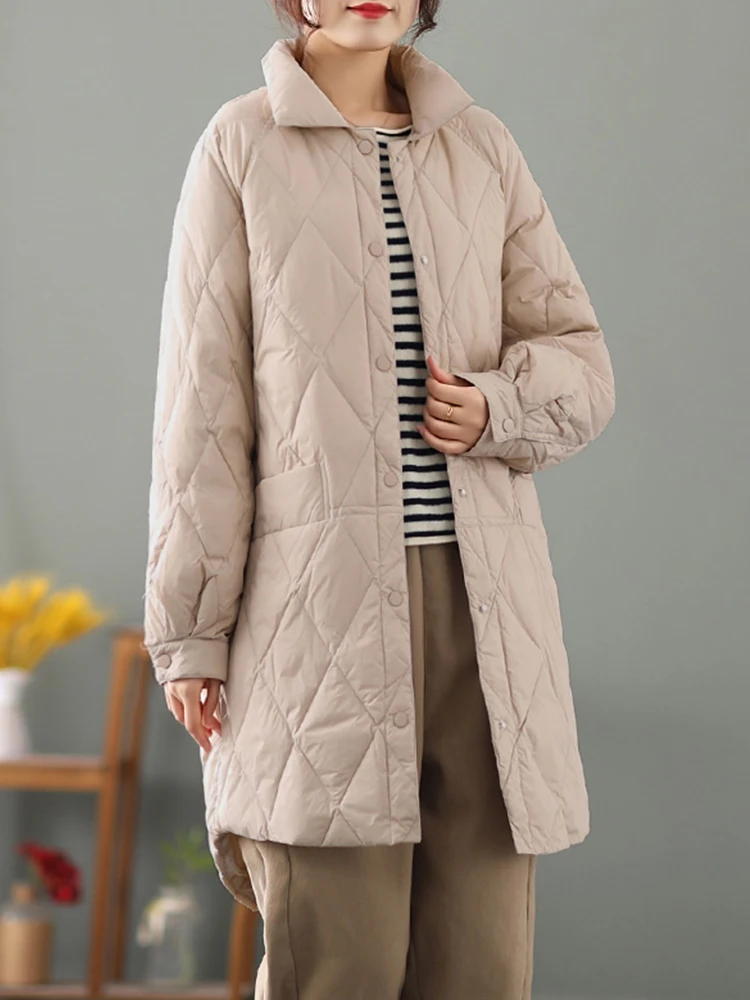 

New Autumn Winter Women Loose Warm White Duck Down Long Coat Casual Female Stand Collar Single Breasted Parka Outwear