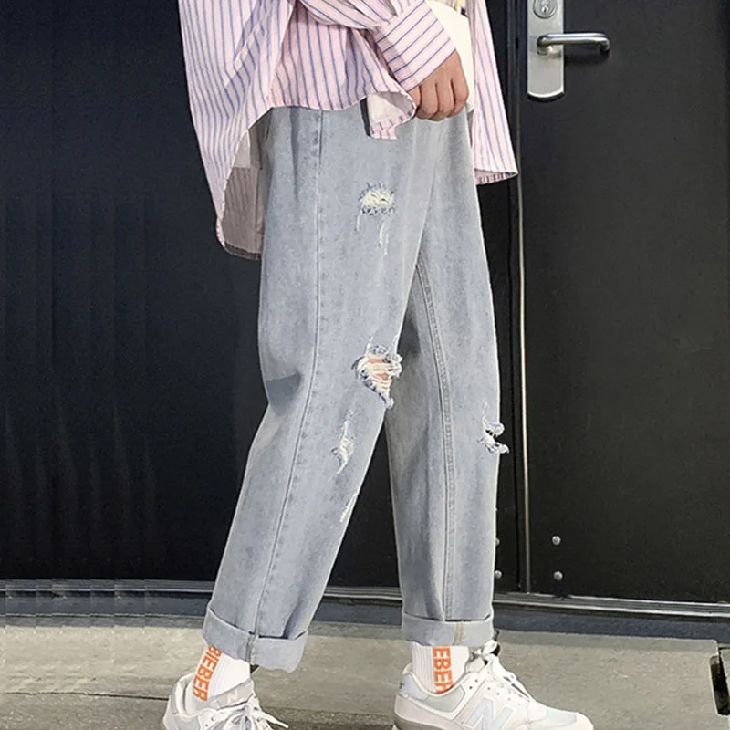 

Spring Autumn 2022 Ripped Hole Loose Straight Wide Leg Male School Student Casual Harem Pants Baggy Denim Jeans Men