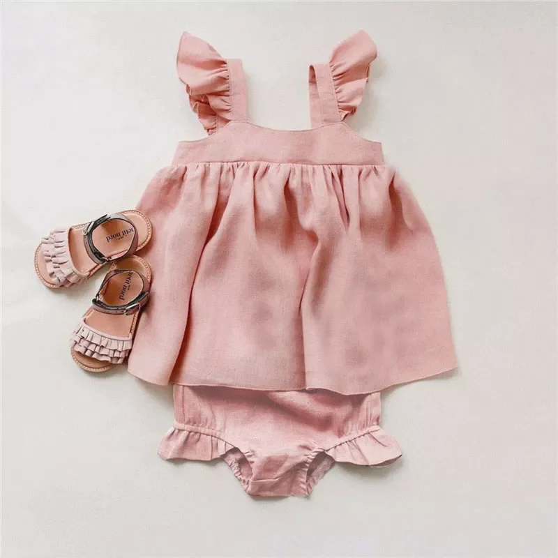 Summer Clothing 2Pcs Baby Girl Outfits Kids Girls Linen Dress + Shorts Infant Clothing Newborn Baby Girl Clothes Sets