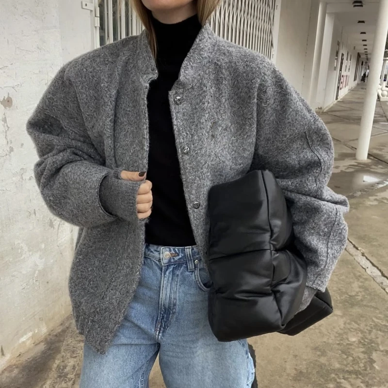 

Women's Casual Loose Jacket Coat With Pockets Vintage Solid Single Breasted Long Sleeve Bomber Jacket Autumn Chic Outwear