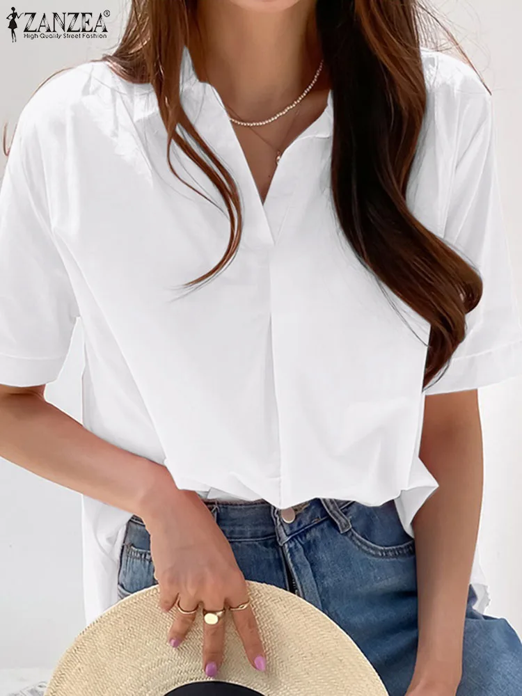 

Женская рубашка с коротким рукавом ZANZEA, Повседневная Уличная одежда в Корейском стиле, свободная белая блузка, летние модные рубашки оверса...