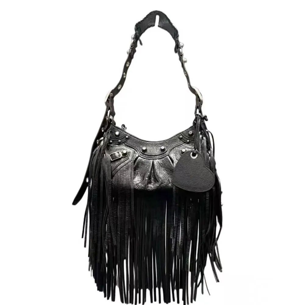 

Y2K Crossbody Shoulder Bags Purse Fringes Women Underarm Biker Bags 2022 Black Gothic Halloween White Tassels Cute Rivets