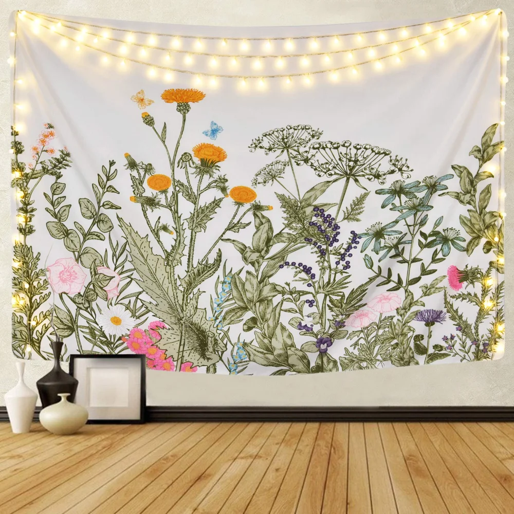 

Colorful Floral Plants Tapestry Vintage Herbs Wall Hanging Nature Wildflowers Tapestries Living Room Decor Wall Blanket Cloth