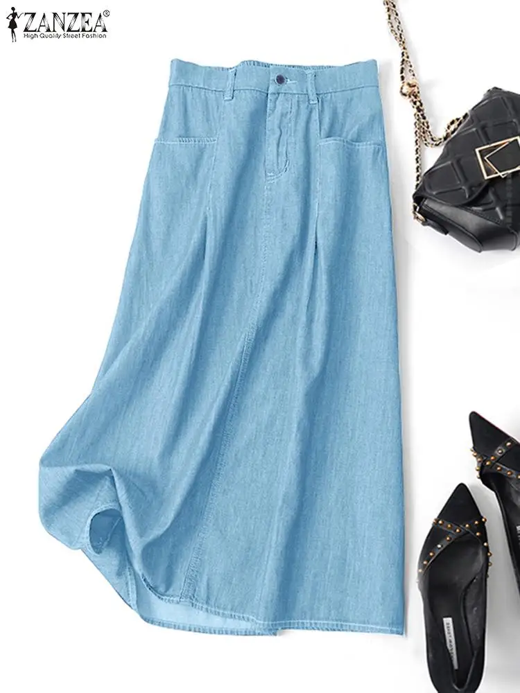 

Повседневные свободные эластичные юбки ZANZEA на молнии спереди и сзади, уличная мода, Джинсовая длинная юбка, женские юбки миди с высокой талией и карманами