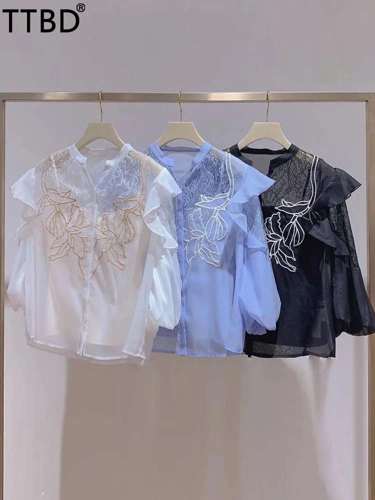 

BM Y2K women's summer new ruffled mesh stitching flower embroidered shirt Japanese lady sweet elegant puff sleeve blouse top
