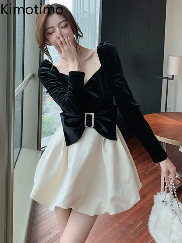 

Женское бархатное платье-трапеция с открытыми плечами и бантом