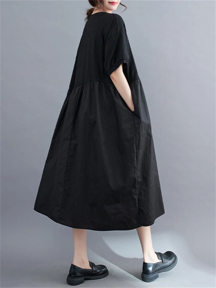 Женское Хлопковое платье с коротким рукавом черное винтажное свободное средней