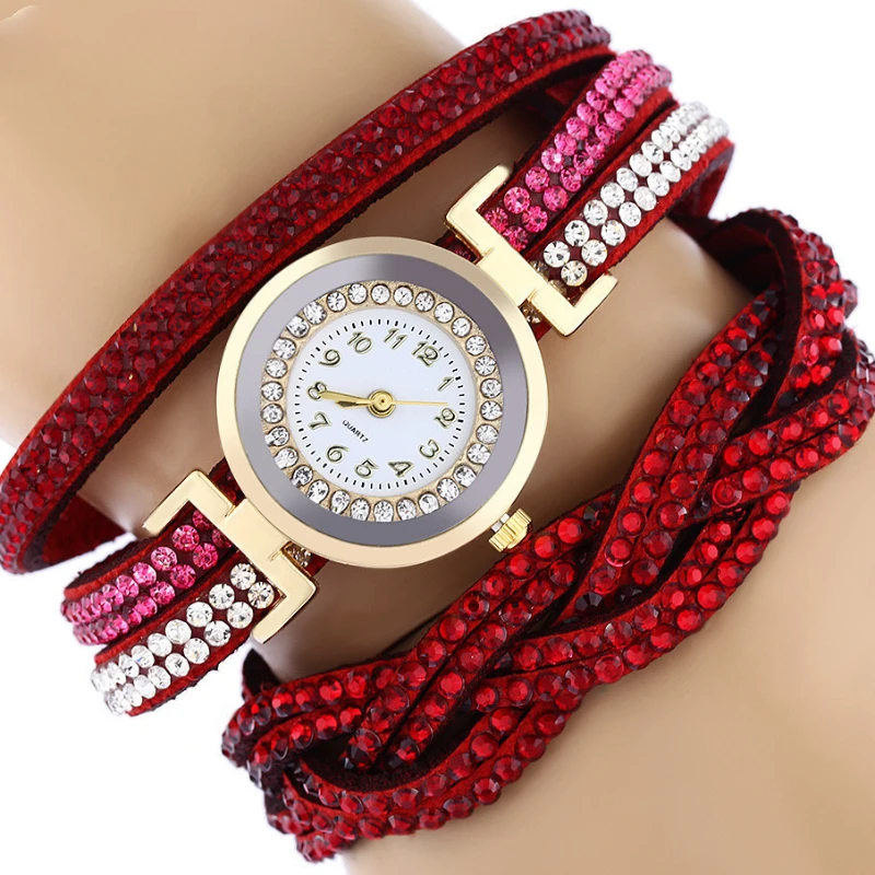

Роскошные модные женские часы с кожаным ремешком и браслетом из страз