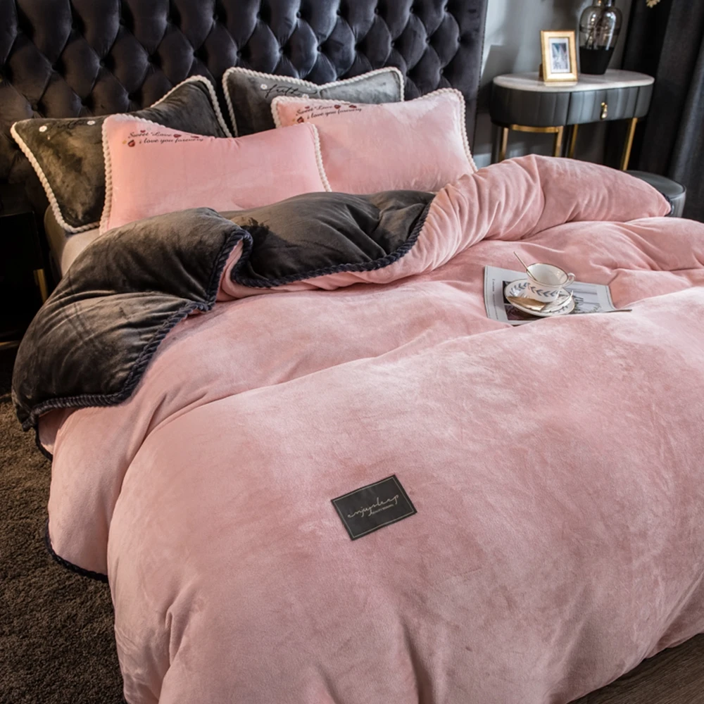 Light Pink Winter Flannel Quilt Cover Soft Worm Coral Fleece Comforter Cover Thickening Warm Duvet Bedding Cover Solid Color enlarge