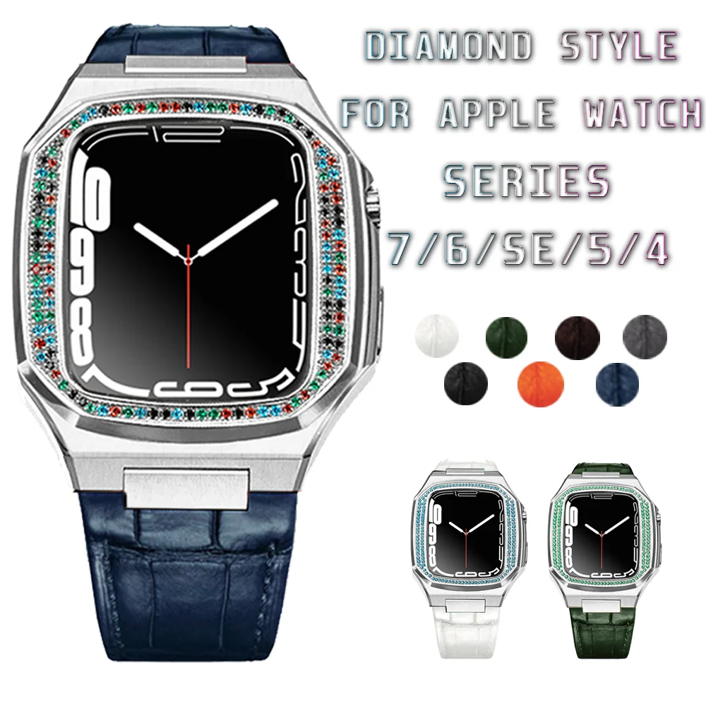 

Роскошный комплект для модификации из нержавеющей стали для Iwach 44 мм 45 мм из натуральной кожи для серии Iwatch 7 6 5 4 SE