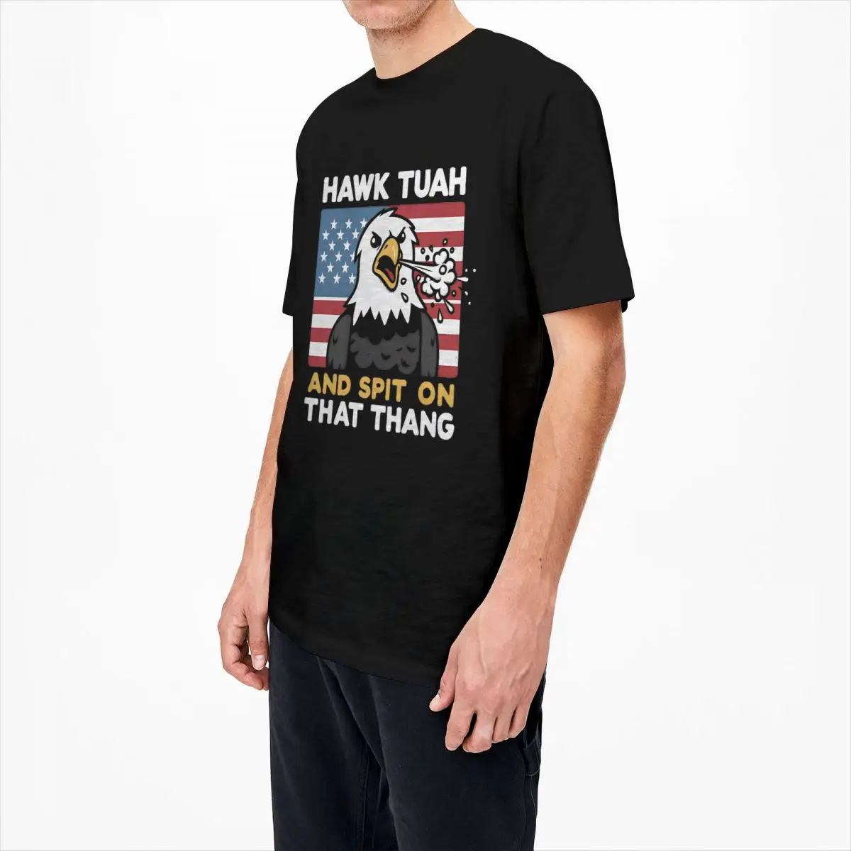 Футболка с надписью Hawk Tuah 24 и воплением на это футболка смешным юмором