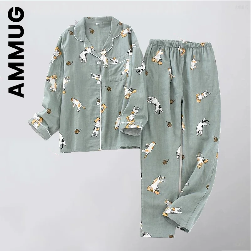 

Ammug Ladies Pajamas Set Gauze Cotton Cartoon Cat Printed Pyjamas Women 2Pcs Turn-down Neck Shirt+Pants Nature Sleepwear