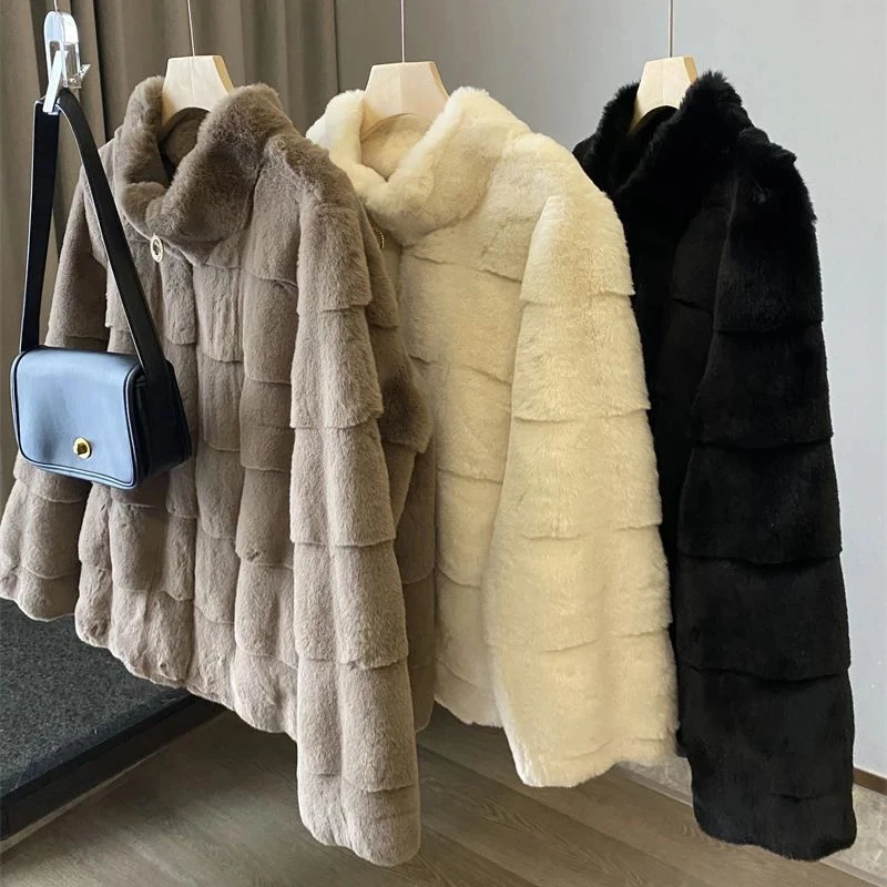 Autumn Winter Warm Stand Collar Faux Fur Jeacket Women Long Sleeve Plush Short Coat Woman Zipper Coats Ladies