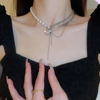 2022 korean new zirconia butterfly charms necklace for women fashion jewelry multilayer chain pearl tassel collares necklaces