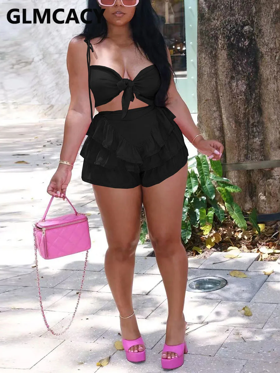 

Women Two Piece Ruffles Sweet Suits Spaghetti Strap Bow Tie Front Crop Top & Bodycon Shorts Set