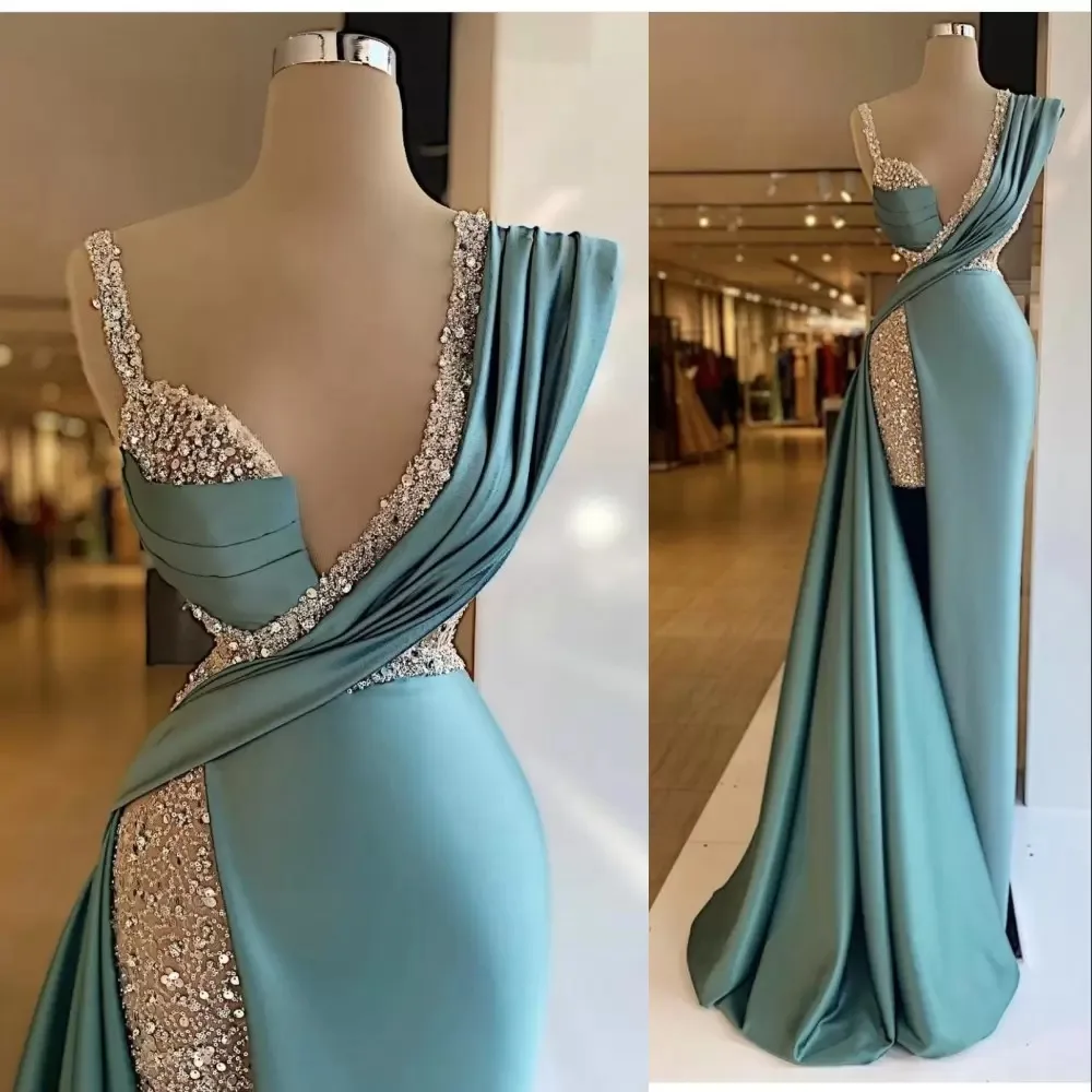 

Mermaid Prom Dress V Neck Sleeveless Appliques Satin Side Slit Evening Gowns Shiny Party Plus Size Vestido De NoviaCustom Made