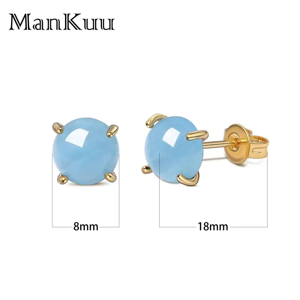 Женские серьги-гвоздики из серебра 925 пробы с натуральным аквамарином