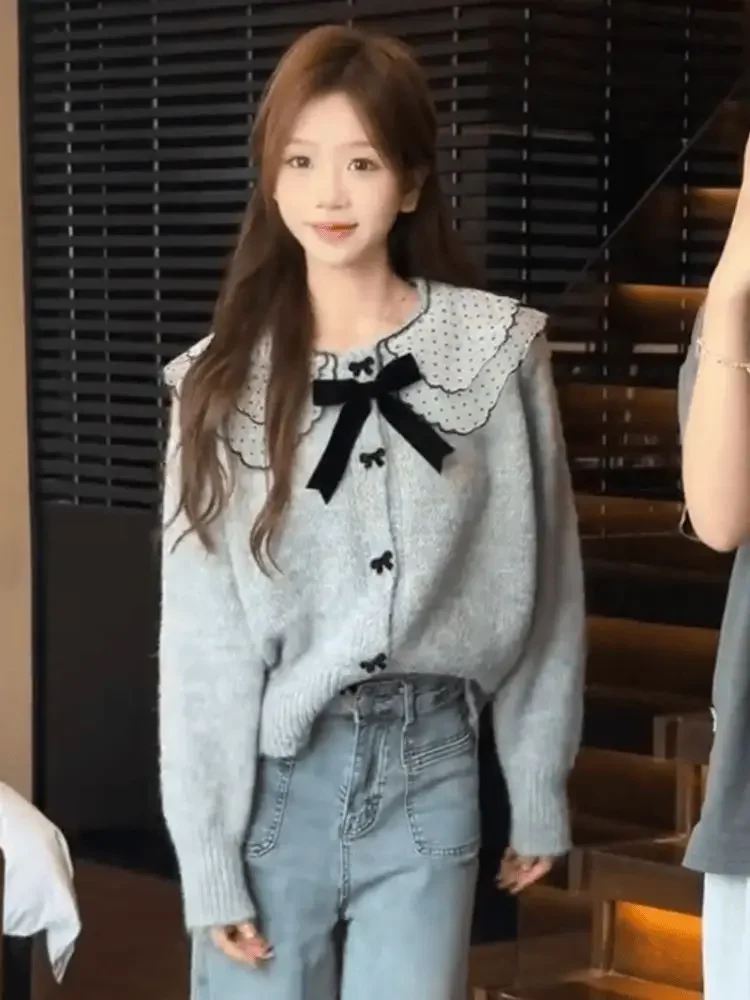 Korejepo Нежный сладкий свитер с кукольным воротником и бантом женский осенний