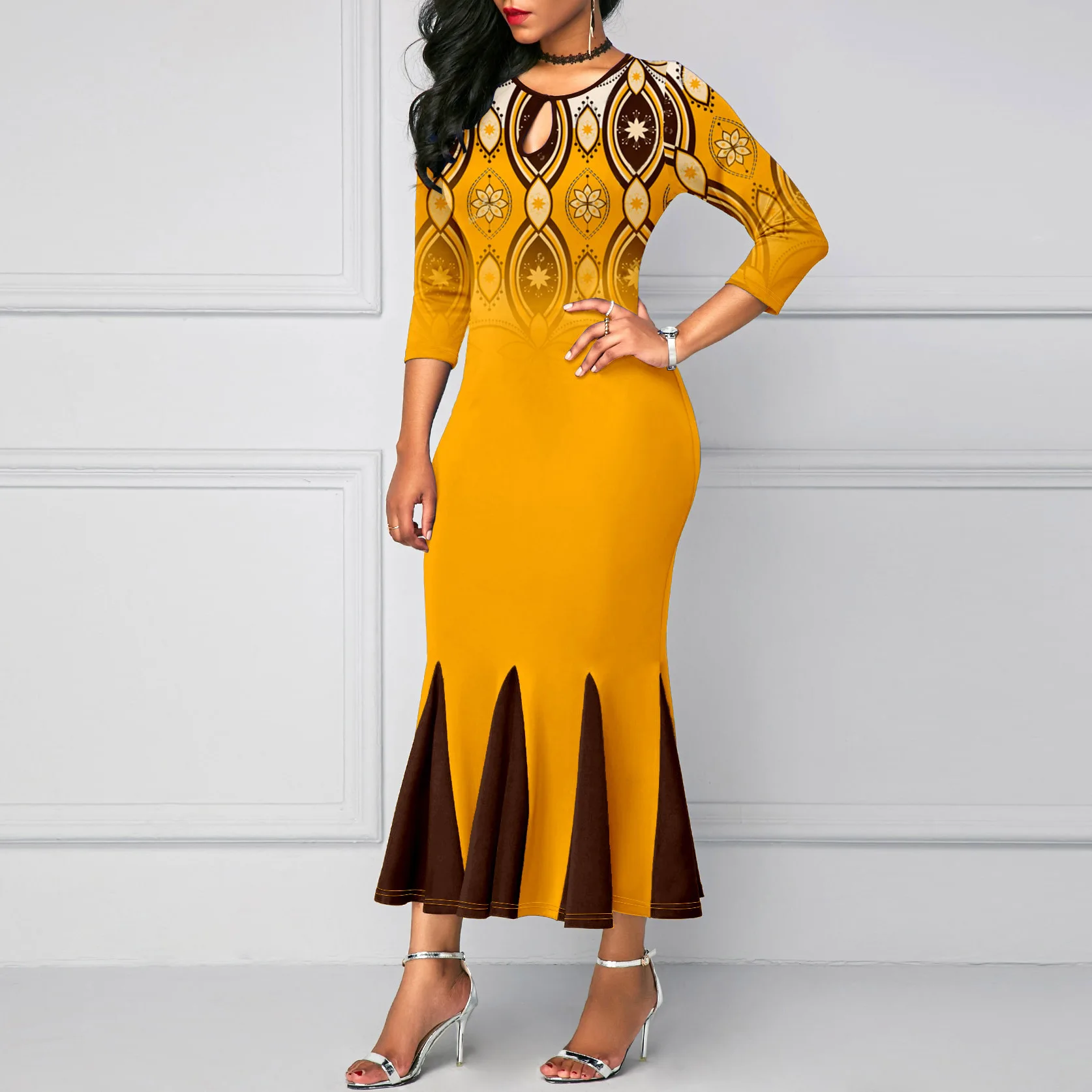 Женское облегающее платье с круглым вырезом Элегантное черно-оранжевое в стиле