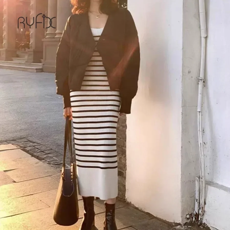 

RYFIX Autumn Winter Long Striped Dresses for Women Long Sleeve Elegant Base Female Knitted Dress Maxi Slim Party Sweater Dress