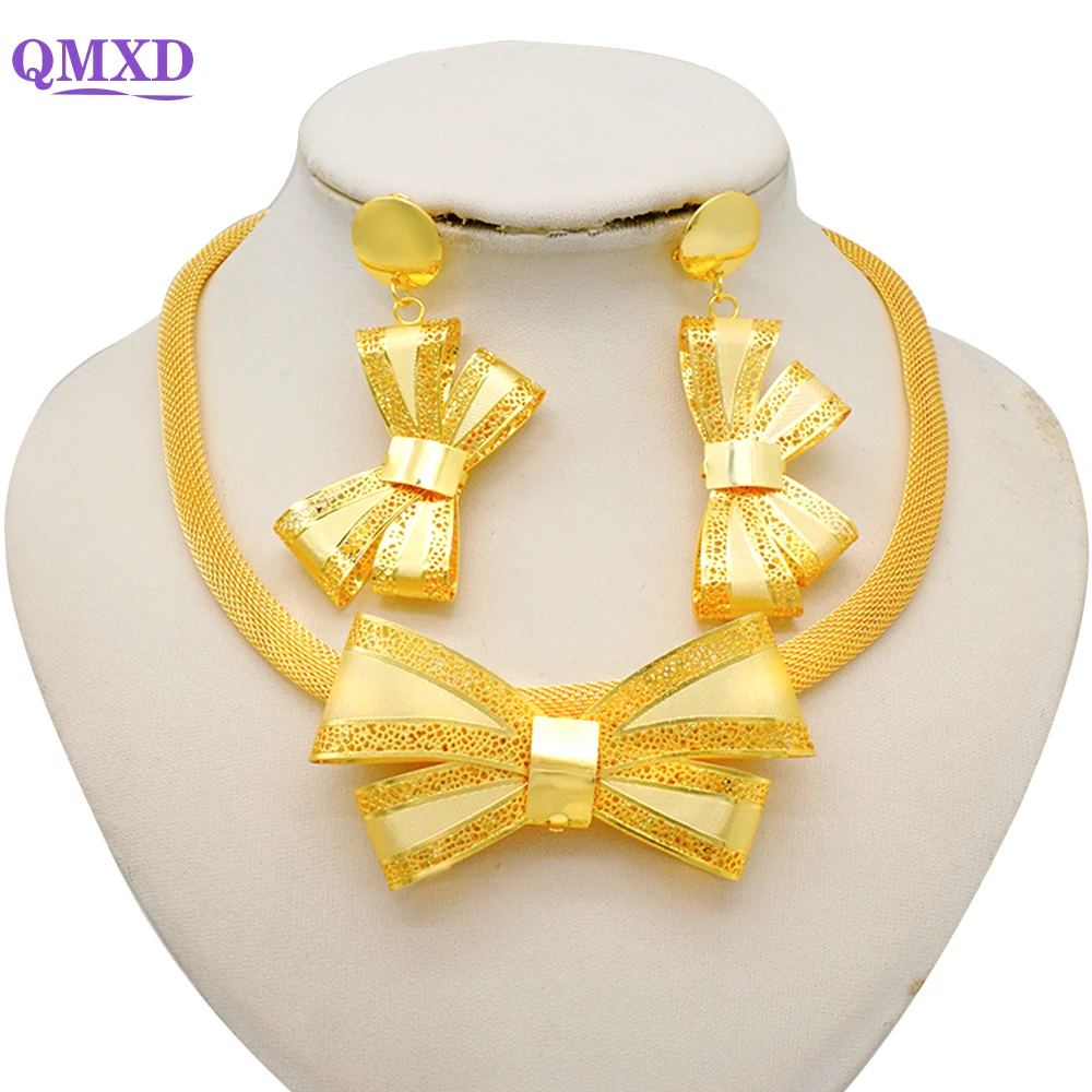 

Nigerian Dubai Gold Color Jewelry Sets For Women African Big Pendant Choker Bowknot Necklace Set Wedding Bride Birthday Gifts