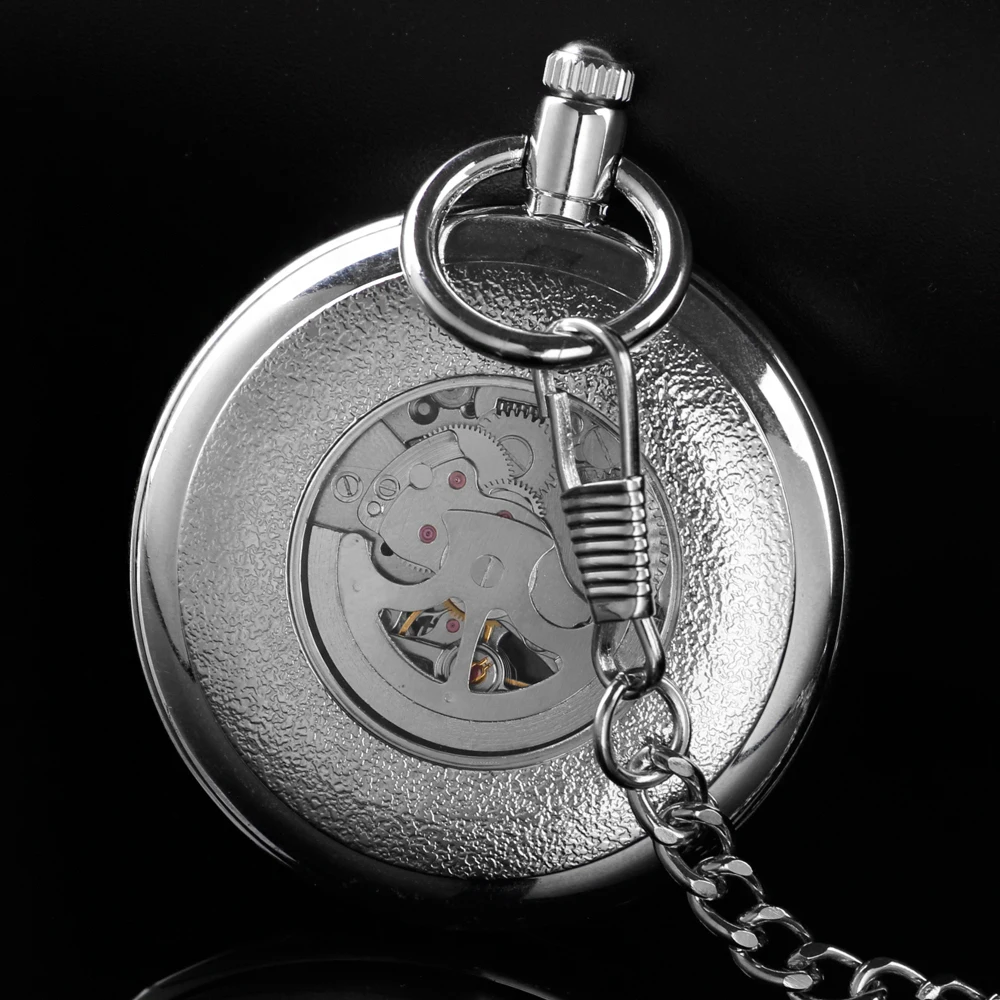 New Bright Silver Roman Digital Mechanical Pocket Watch Retro Hollow Case Analog Skeleton Men's Mechanical Pocket Watch