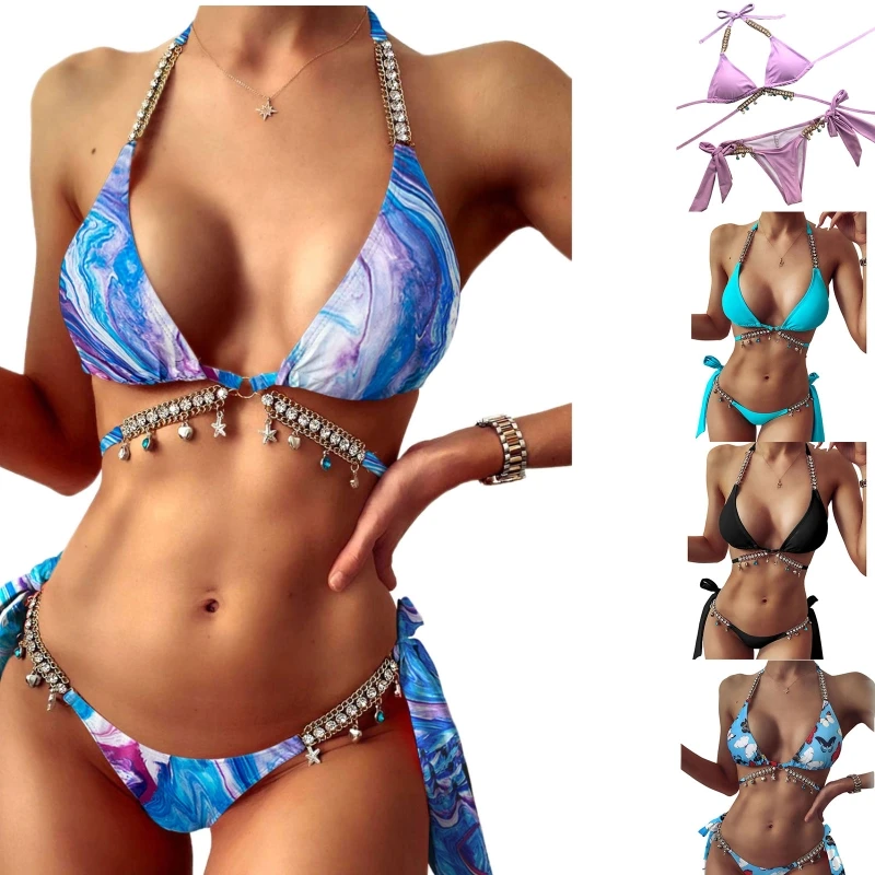 

Printed 2-Piece Strappy Swimming Suit Push Up Wrap Beachwear Gather Bikini Set
