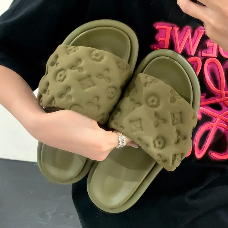 

FOREADA Women Slides Round Toe Platform Sandals Flat Platform Mid Heels Slippers Ladies Fashion Shoes Summer Green Black 40