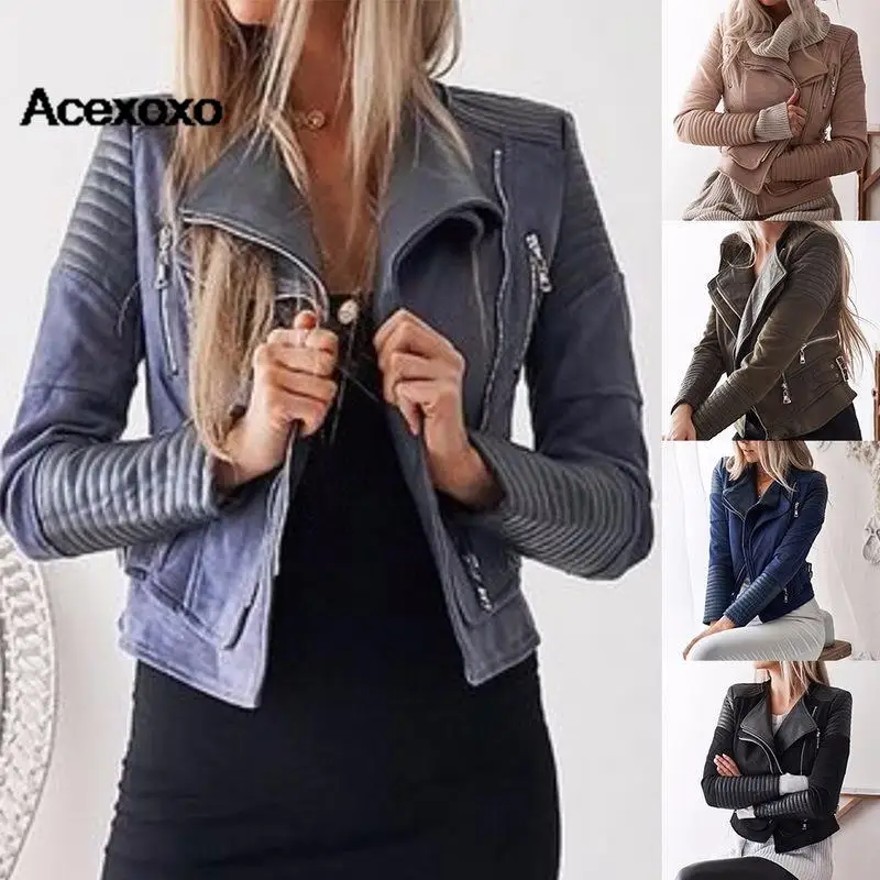 

European and American trend Korean women's zipper lapel jacket solid color slim-fit top female coat