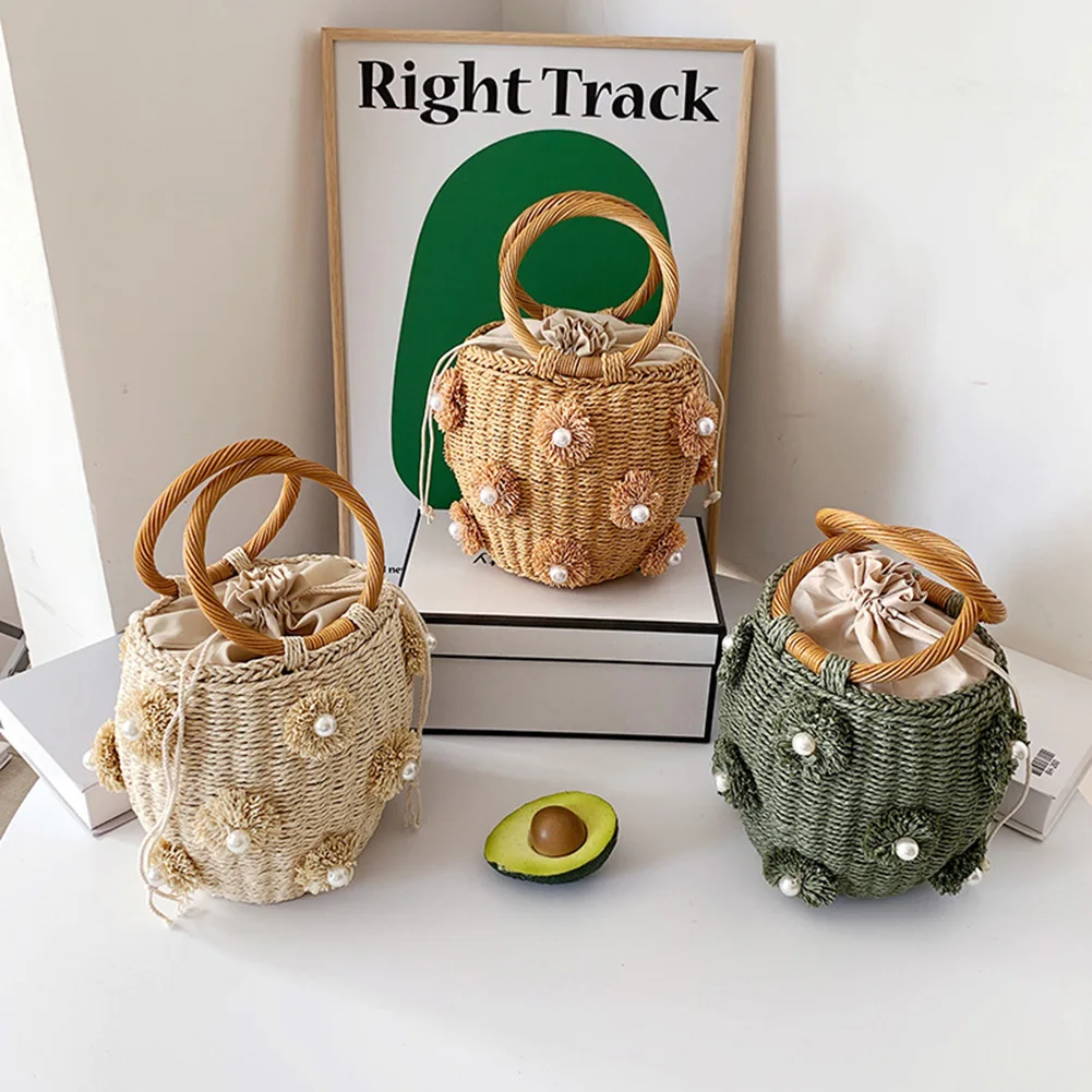 

Female Handmade Straw Portable Bag Ladies Pearl Flower Braids Bucket Top Handle Bags Casual Beach Holiday Travel Woven Purses Ha