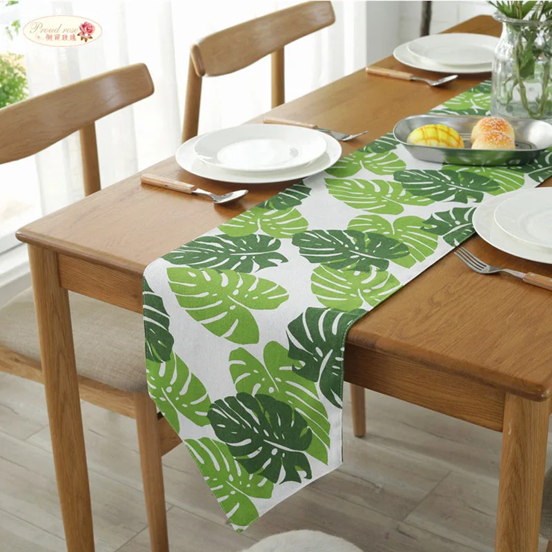 

Banana Leaf Double Cotton Table Runner Green Plant Turtle Leaf Triangle Table Flag Hotel Bed Flag Wedding Table cloth decor