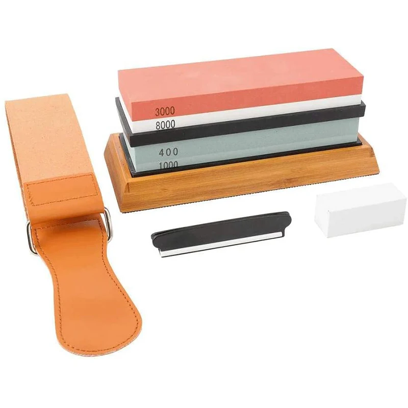 

Whetstone Knife Sharpener Grit 400/1000/3000/6000 Waterstone Flattening Stone Kitchen Sharpener with NonSlip Bamboo Base