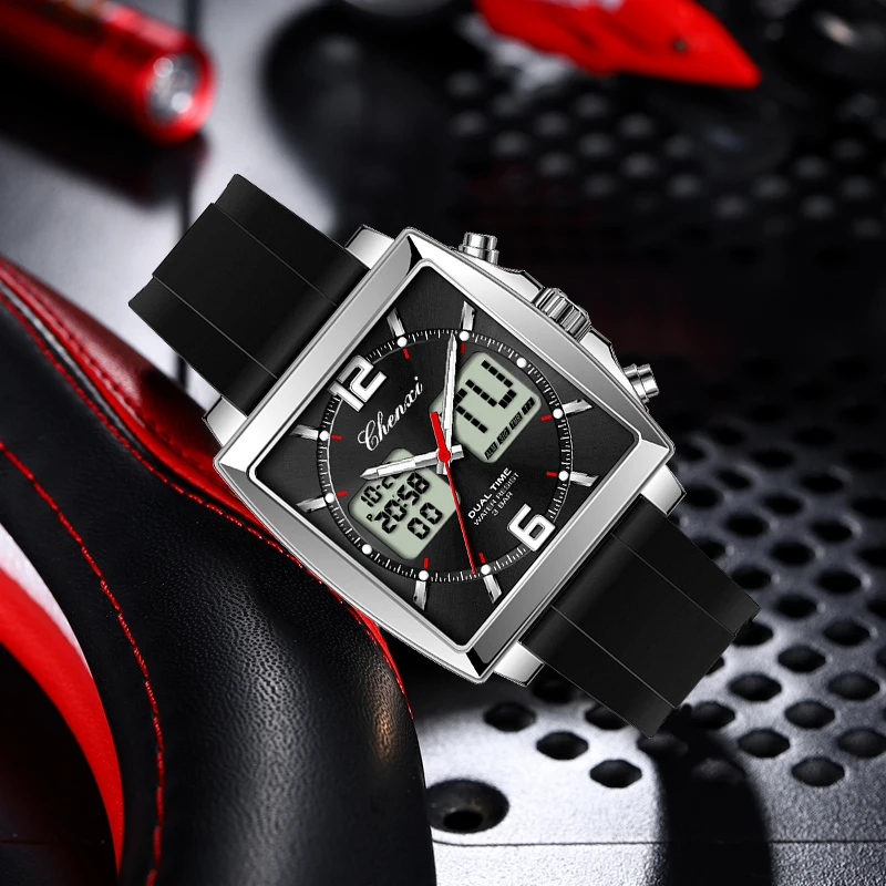 Фото Модные повседневные мужские спортивные часы с квадратным циферблатом, двойным временем, часы CHENXI, силиконовый ремешок, водонепроницаемые, многофункциональные наручные часы для мужчин №2