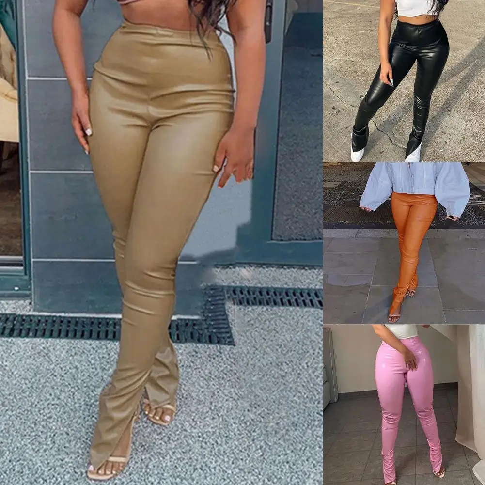 

Women's Pants Skinny Long High Waist Split Hem Faux Leather Pants Vintage High Waist Elastic Hip Lifter Solid Color Trousers