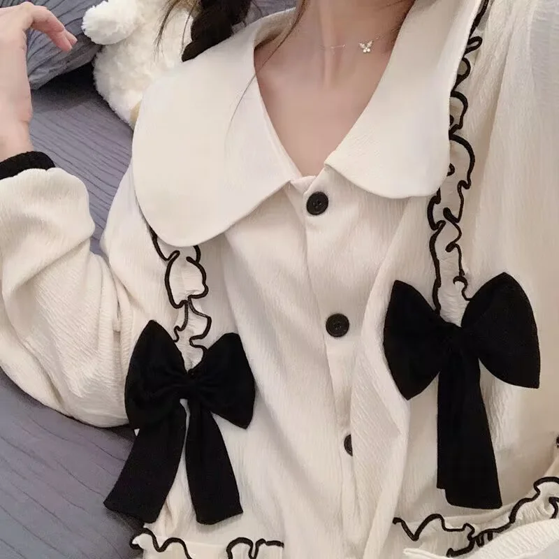 Sexy Bow Princess Pajamas Set Full-Sleeve T-shirt Long Pants 2Piece/Set Pyjama Big Size Homewear Cozy Plus Sleepwear