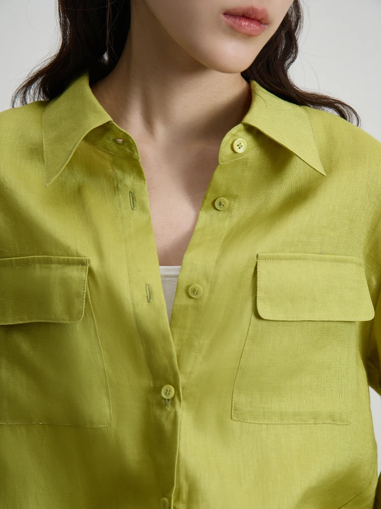 DUSHU 100% лен тонкая простая блузка с длинным рукавом воротник поло карманы