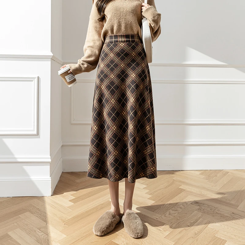 

Зимняя винтажная Женская юбка в английском стиле, утепленная вязаная офисная черная кашемировая юбка с высокой талией и принтом в клетку