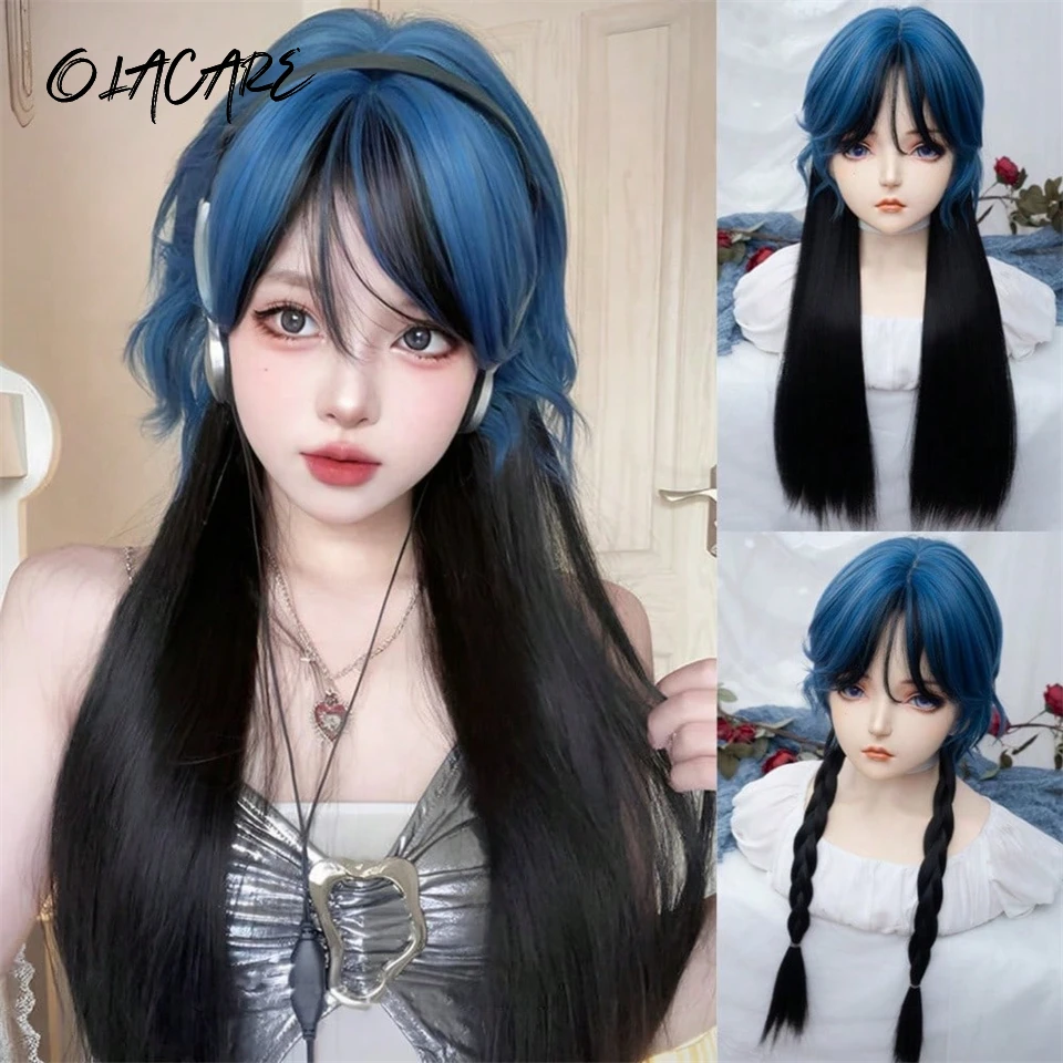 LM Синтетический длинный прямой парик Лолиты с челкой Коричневый Черный Синий