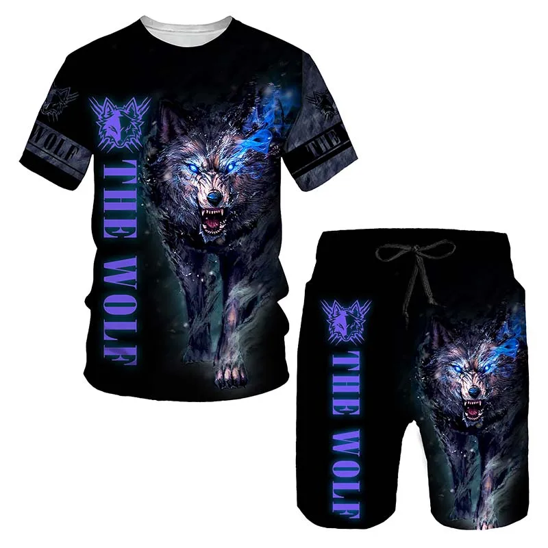Leisure Lion Pattern Printing Men's T Shirt Loose O-neck Short Sleeve Tops Casual Comfortable Shorts 2 Piece Outfit Men Clothin