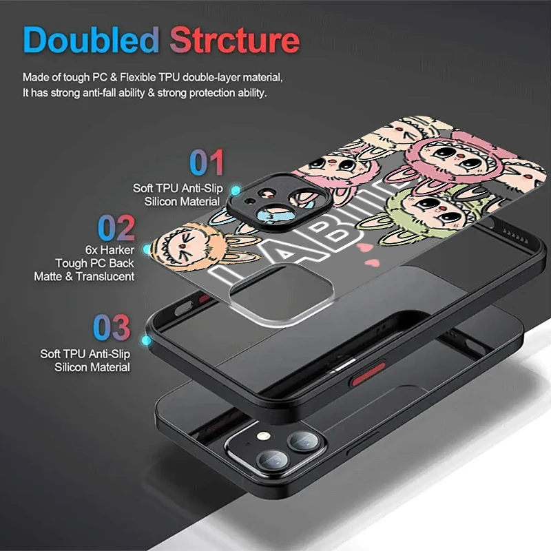 Cartoon Cool Labubu Phone Case For iPhone 16 15 14 13 12 11 Pro Max X XR XS 7 8 Plus SE 2020 Shockproof Matte Hard Bumper Cover
