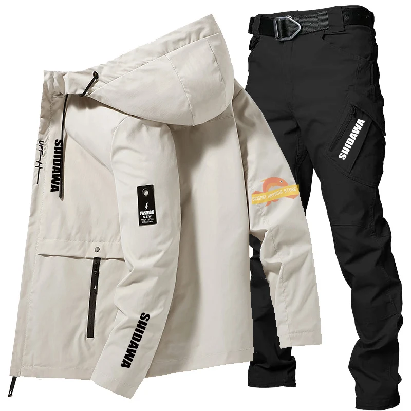 

Мужская одежда для рыбалки на весну и осень, модная дышащая ветровка с капюшоном, уличная походная куртка + тактические брюки, комплект из дв...