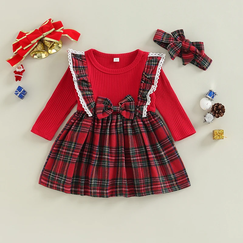 

Baby Girl 2Pcs Christmas Outfits Long Sleeve Plaid Print Ruffle Dress + Headband Set