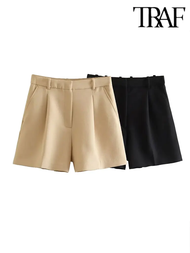 

TRAF Suit Shorts Women High Waist A-line Shorts Spring Summer Y2K Casual Loose Vintage Wide Leg Shorts Korean Lady Black Shorts