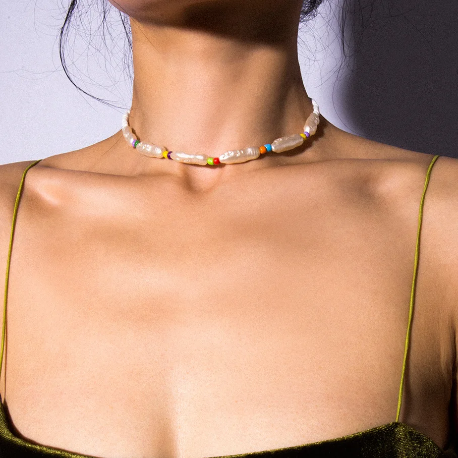

European And American Jewelry Colorful Rice Beads Creative Necklace Personality Shaped Temperament Geometric Pearl Necklace