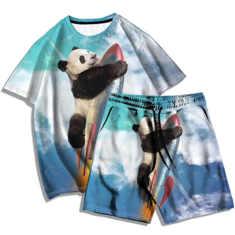 China Panda Cartoon 3D Printed T-shirt Shorts Suit Summer Men Sports Suit 2-piece Set Casual Beach Holiday Wear Men's Sportswear