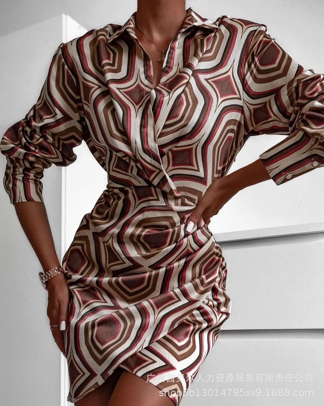 

Elegant Shirt Dress Women Long Sleeve Slim Turn-down Collar Print Dresses Sexy V Neck Office Ladies Party Club Short Vestidos