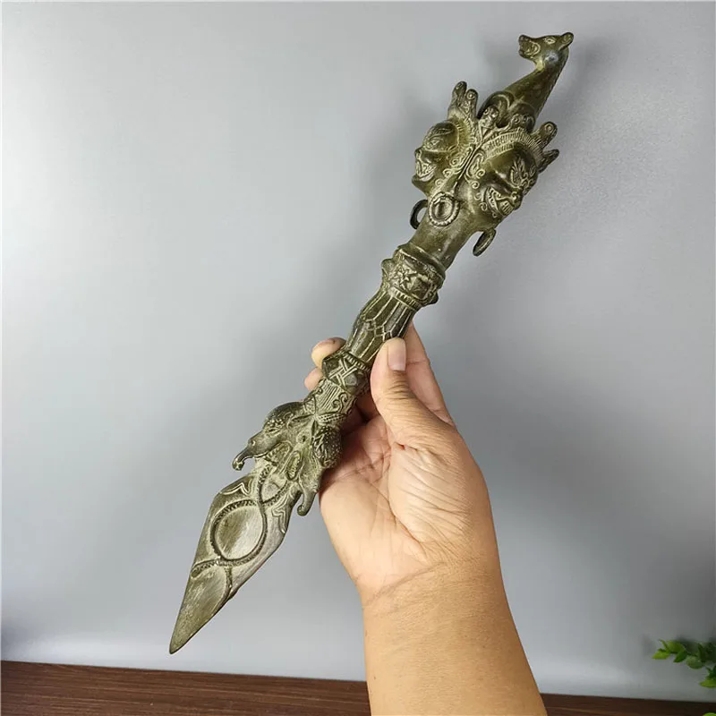 OLD LONG  COLLECTIBLE TIBET OLD BRONZE CARVED VAJRA JIANG MOCHU SCULPTURE/ANTIQUE DAGGER/HORSE HEAD SWORD STATUE