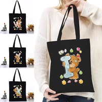 women canvas shoulder bag reusable shopping bags ladies bear letter printing handbags casual tote grocery storage bag for girls