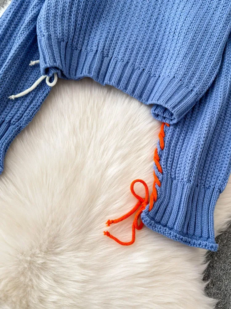 2024 женский осенне-зимний синий свитер шикарный стиль свободный вязаный