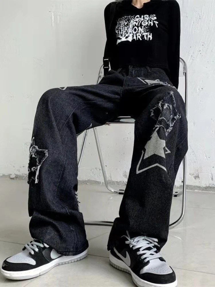 

HOUZHOU Grunge Punk Star Baggy Jeans Vintage 90s Distressed Black Denim Pants Women High Street Wide Leg Trousers Boyfriend